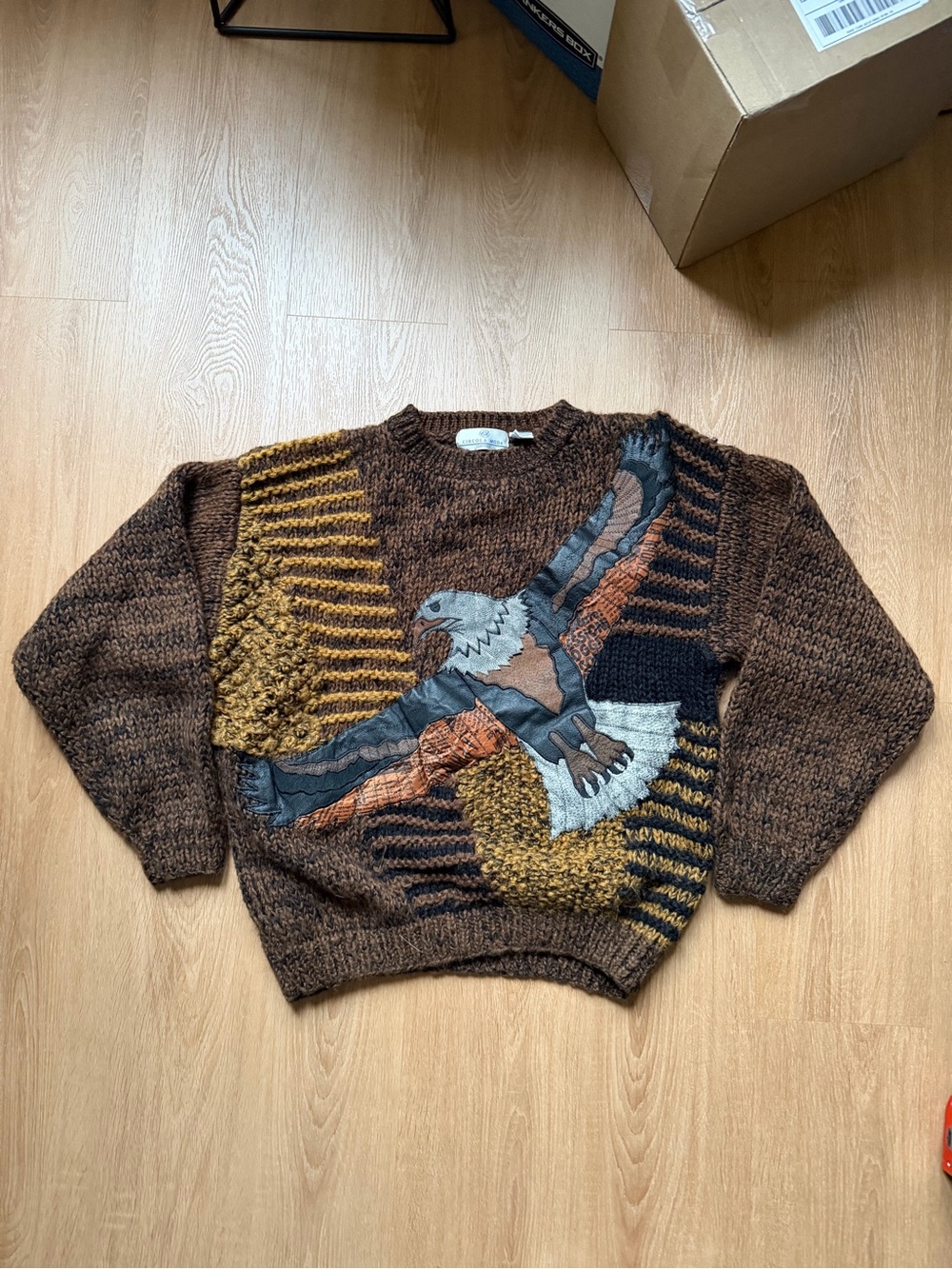 Men's Brown Crewneck Sweater with Eagle Motif